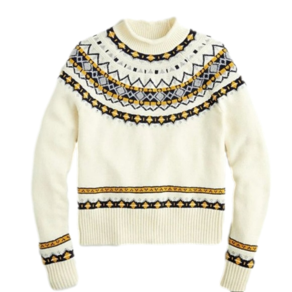 J. Crew Wool Mix Sweater Fair Isle Blue and Cream Roll Neck Style